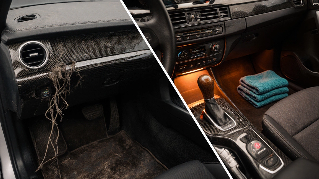 Before-and-after car interior: cluttered vs. upgraded with vinyl wrap, wooden gear knob, and organized accessories.