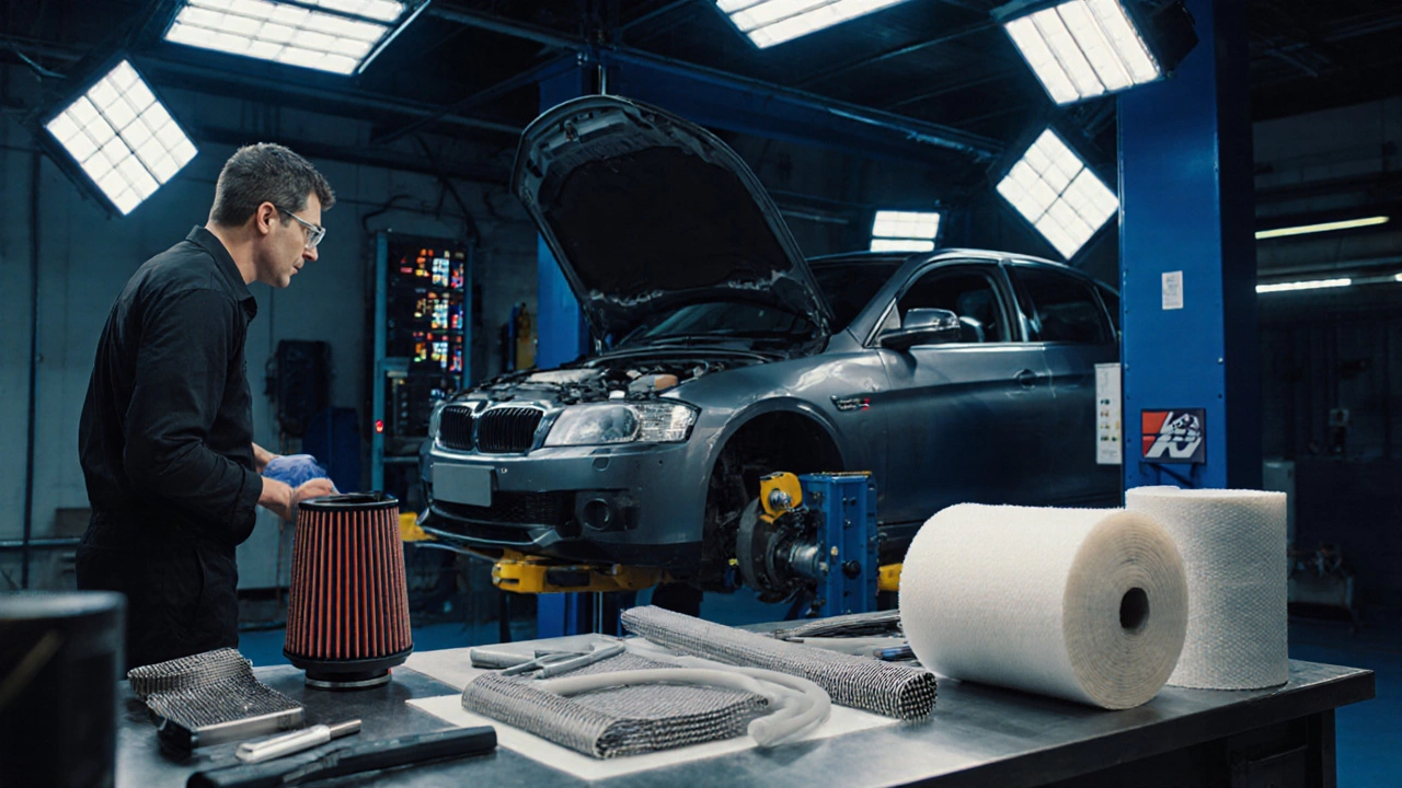 Car on a dyno bench with engineers examining a K&amp;N filter and testing equipment.