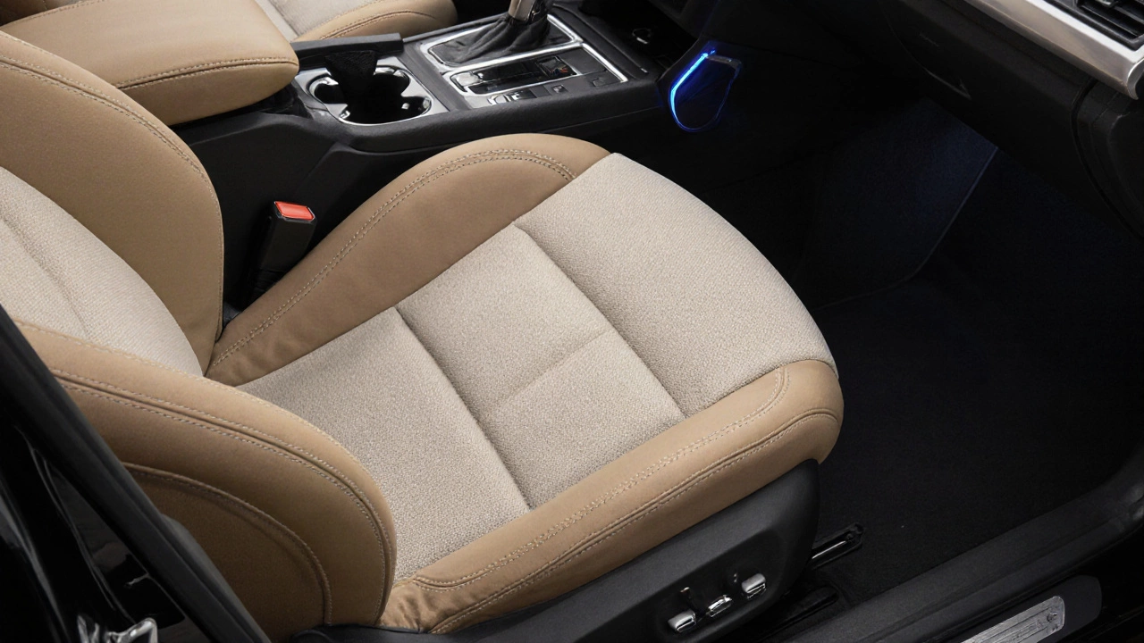 Car seat with neutral inserts and matching stitching, illuminated by ambient cabin lighting.