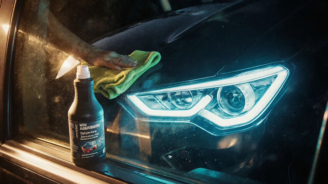 Car window being cleaned and coated, with LED headlights illuminating the road.