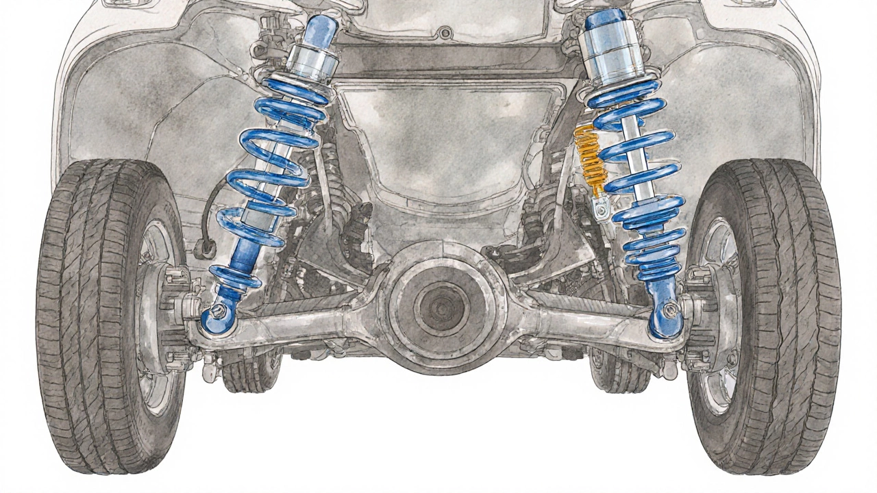 Cutaway illustration of a car’s suspension with lower springs and stock shock.