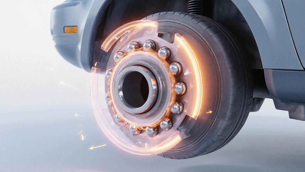 Cutaway view of a wheel bearing with a spacer, illustrating load shift and heat.