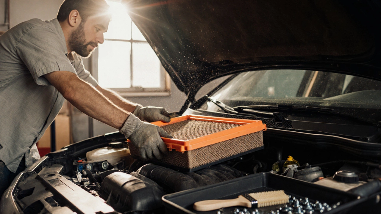DIY installation of a reusable performance air filter with hands, oil brush, and tools visible.