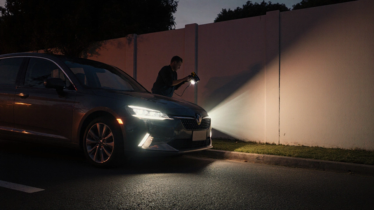 Driver and mechanic checking headlight beam alignment on a wall.