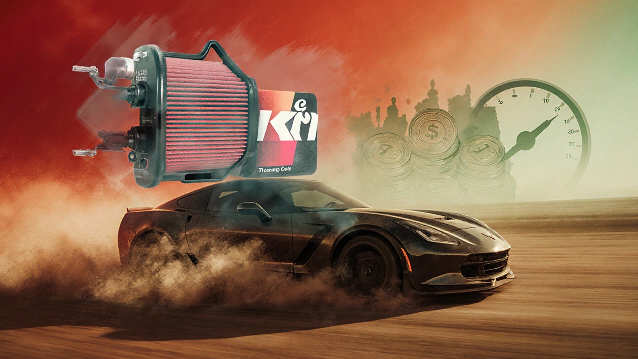 Driver racing on a dusty track with a translucent K&amp;N filter and cleaning kit overlay.