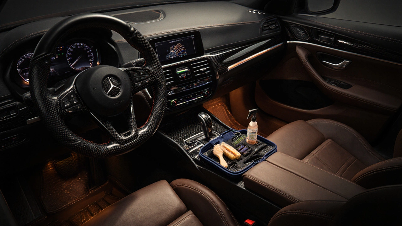 Illustrated car cabin showing leather‑wrapped steering wheel, carbon‑fiber shift knob, leather mats, and ambient amber LED glow.