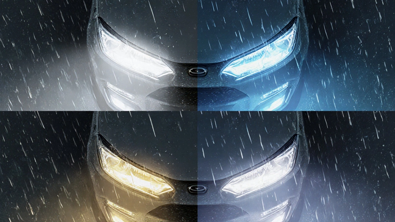 Illustration comparing LED, HID, Halogen, and Laser headlights and their beams on a rainy street.