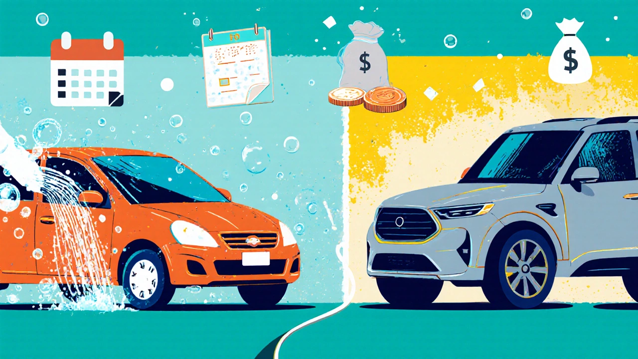 Illustration of a detailer performing multiple services, with icons of money and calendar indicating earnings.