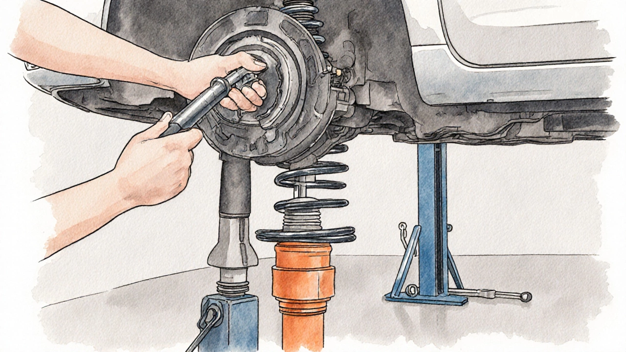 Illustration of a mechanic compressing a spring and installing a new lowering spring on a car.