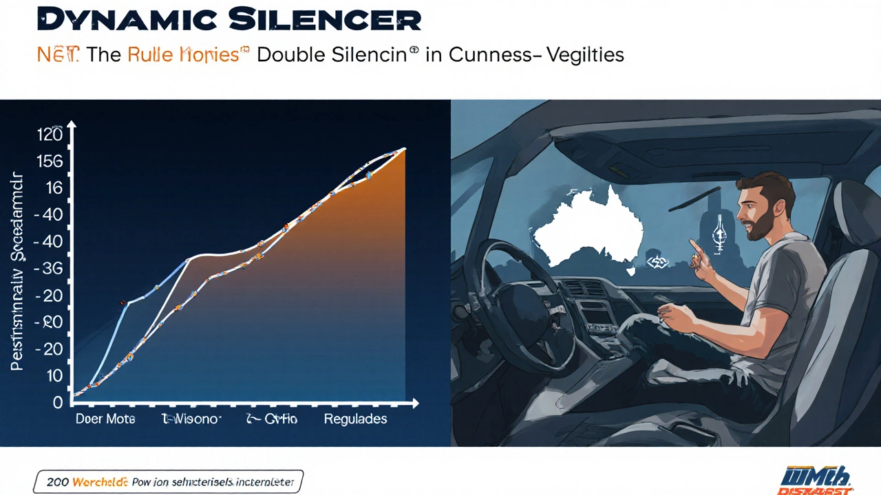 Illustration of improved torque, quieter sound waves, and legal compliance for a double silencer.