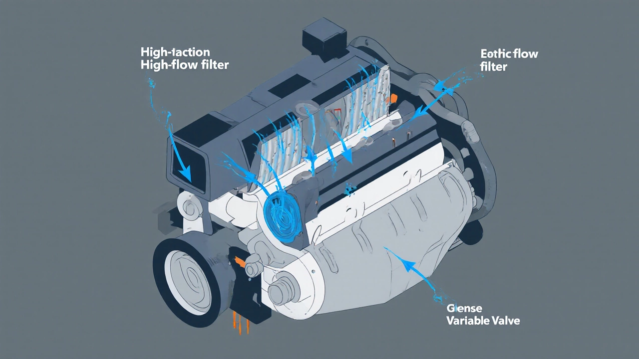 Isometric cross‑section of engine intake illustrating airflow through a high‑flow filter versus a restrictive stock filter.