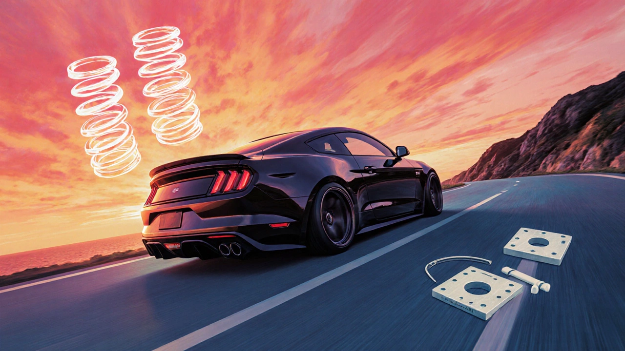Lowered sports car driving on a sunset coastal road with subtle camber plate and alignment symbols.