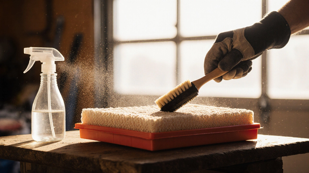 Mechanic cleaning a high‑flow cotton‑gauze air filter with a spray bottle and brush on a garage workbench.