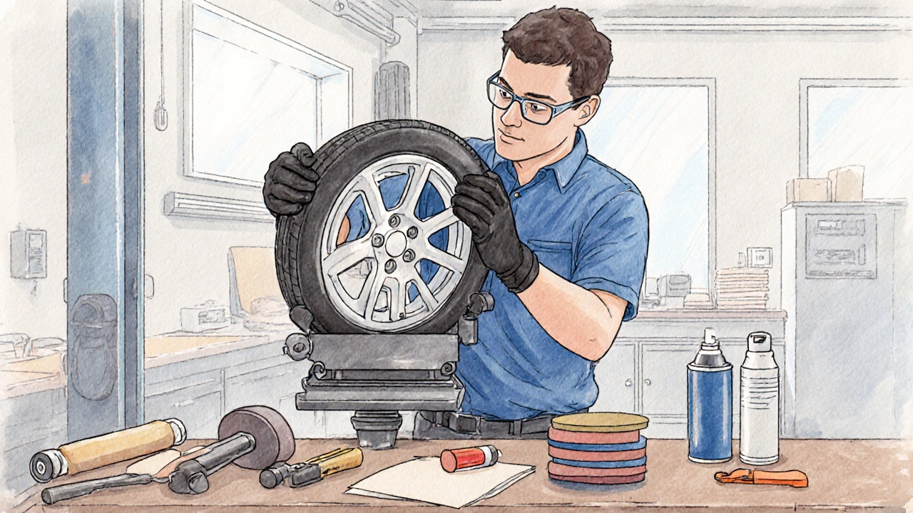 Mechanic in safety gear working on wheel with tools on a workshop bench.