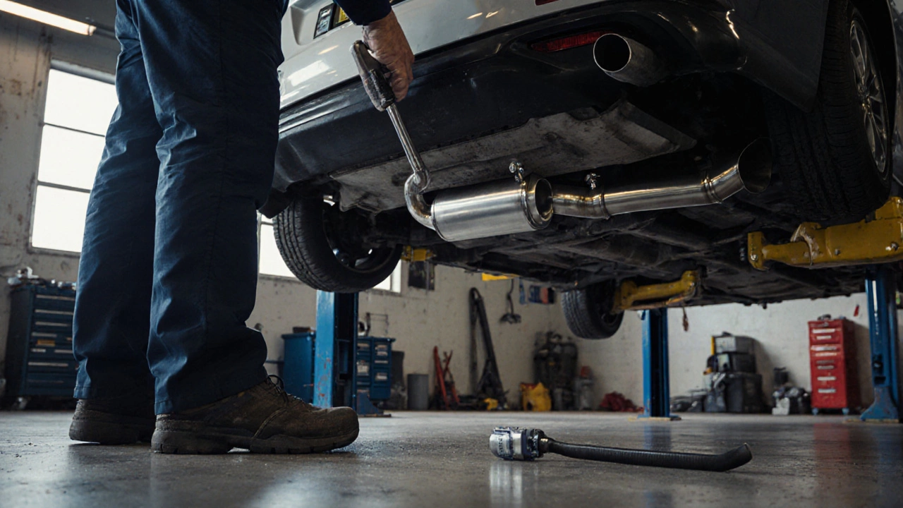 Mechanic installing a double silencer on a lifted car in a workshop.