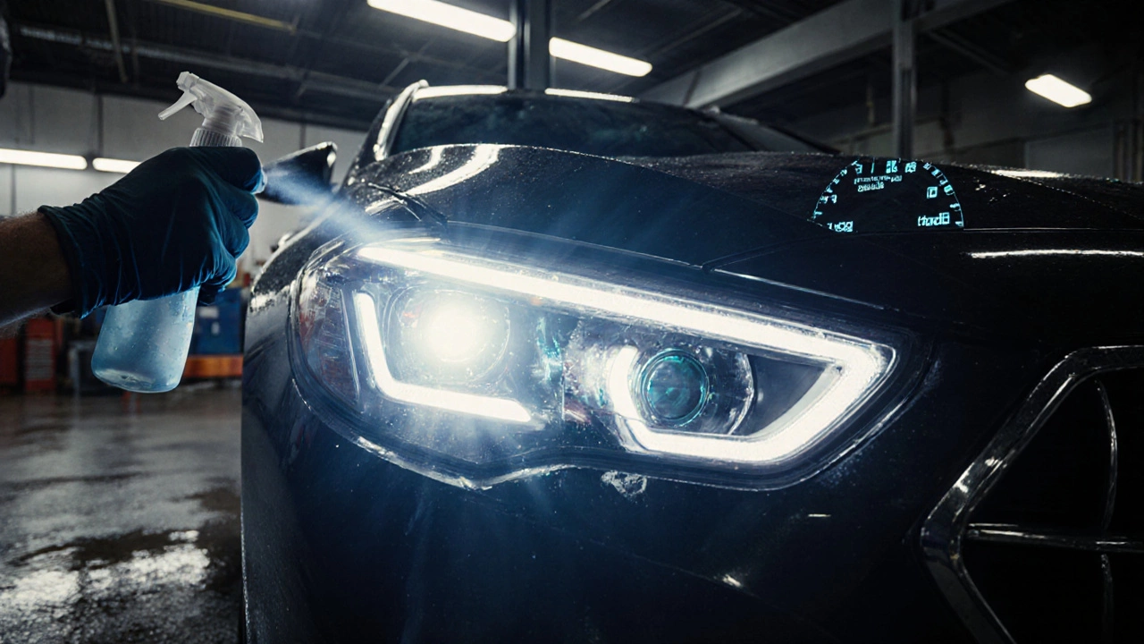 Mechanic installing an LED headlight, applying silicone tape and sealant spray in a dim garage.