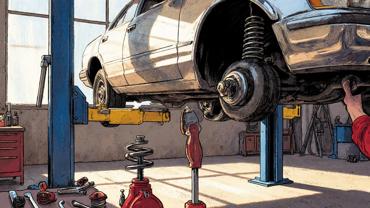 Mechanic installing lowering springs on a lifted car in a bright workshop.