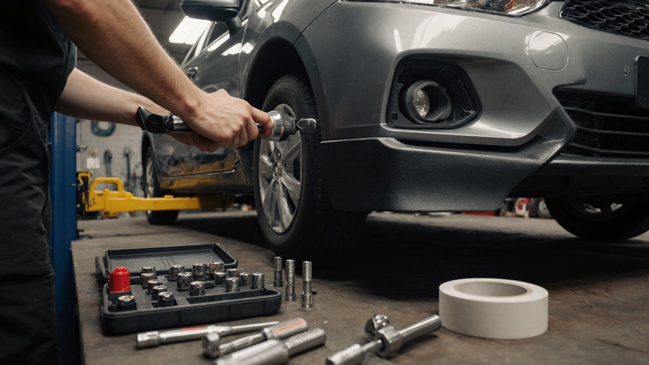 Mechanic tightening bolts on a new front bumper in a well‑lit garage.