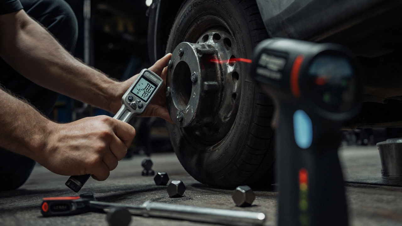 Mechanic torquing lug nuts on a spacer wheel while checking alignment and temperature.