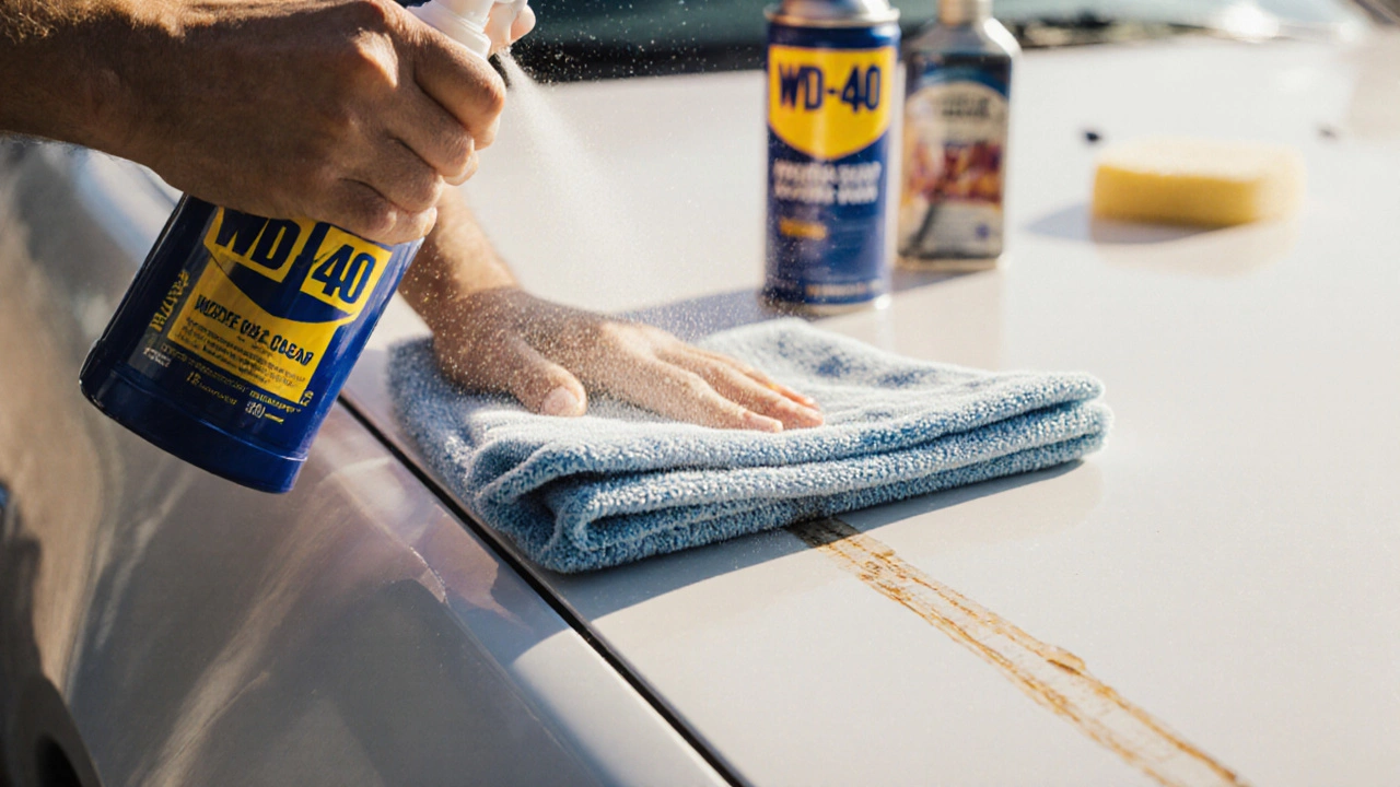 Microfiber cloth spreading WD‑40 on a cleaned car panel, showing the oily sheen on the scratch.