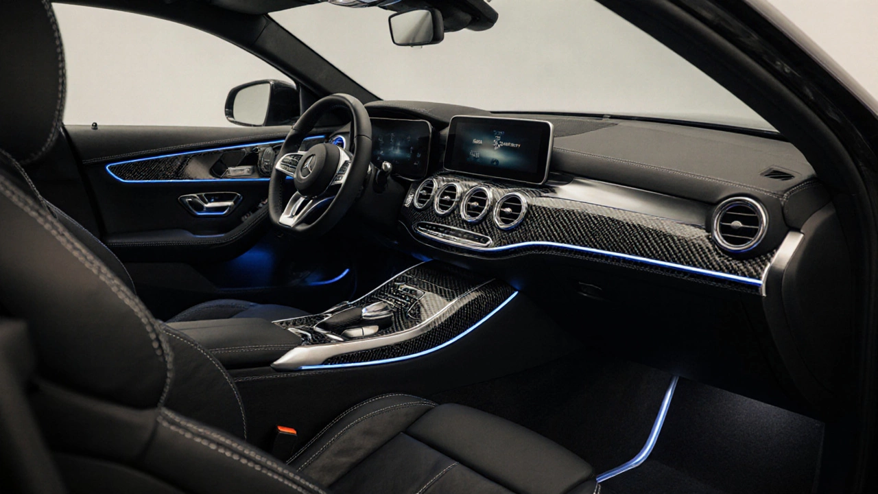 Modern car interior with leather seats, brushed‑aluminum dash, carbon‑fiber accents, and cool white LED lighting.