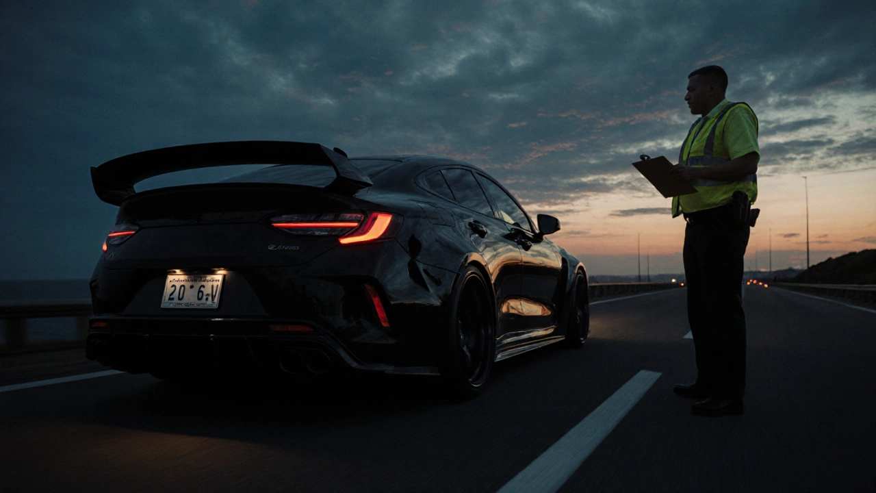 Modified car driving at dusk while an officer checks a compliance plate.