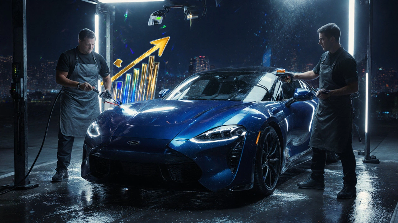 Night scene of a luxury car getting ceramic coating, crew members working under bright lights, glowing profit symbols.