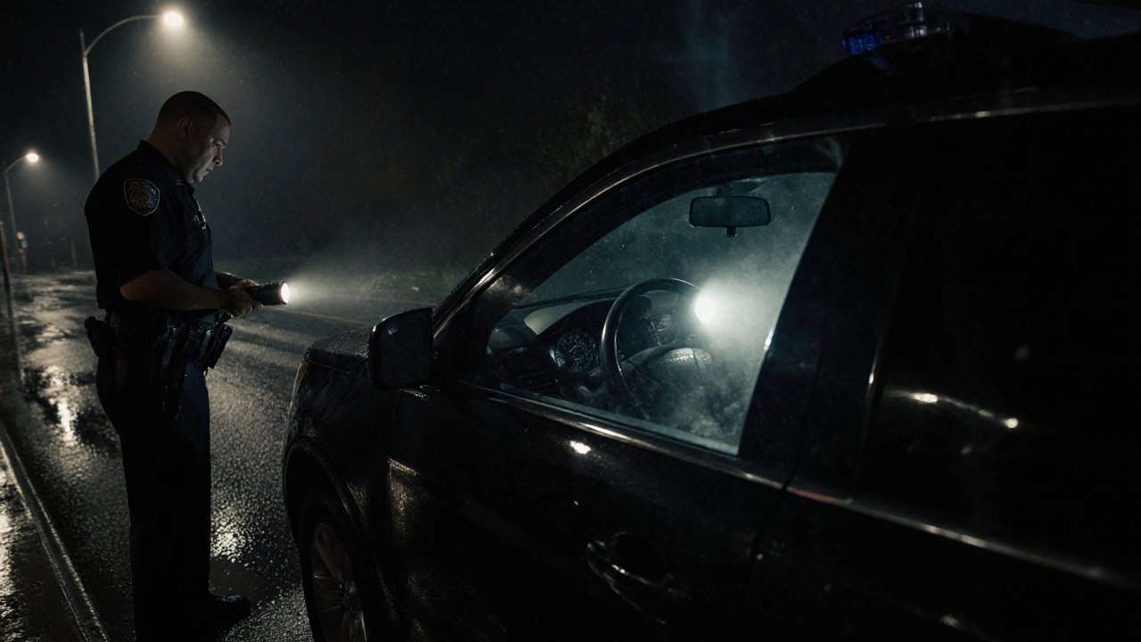 Police officer shining flashlight at night on a car with dark rear tint, window reflecting exterior lights.