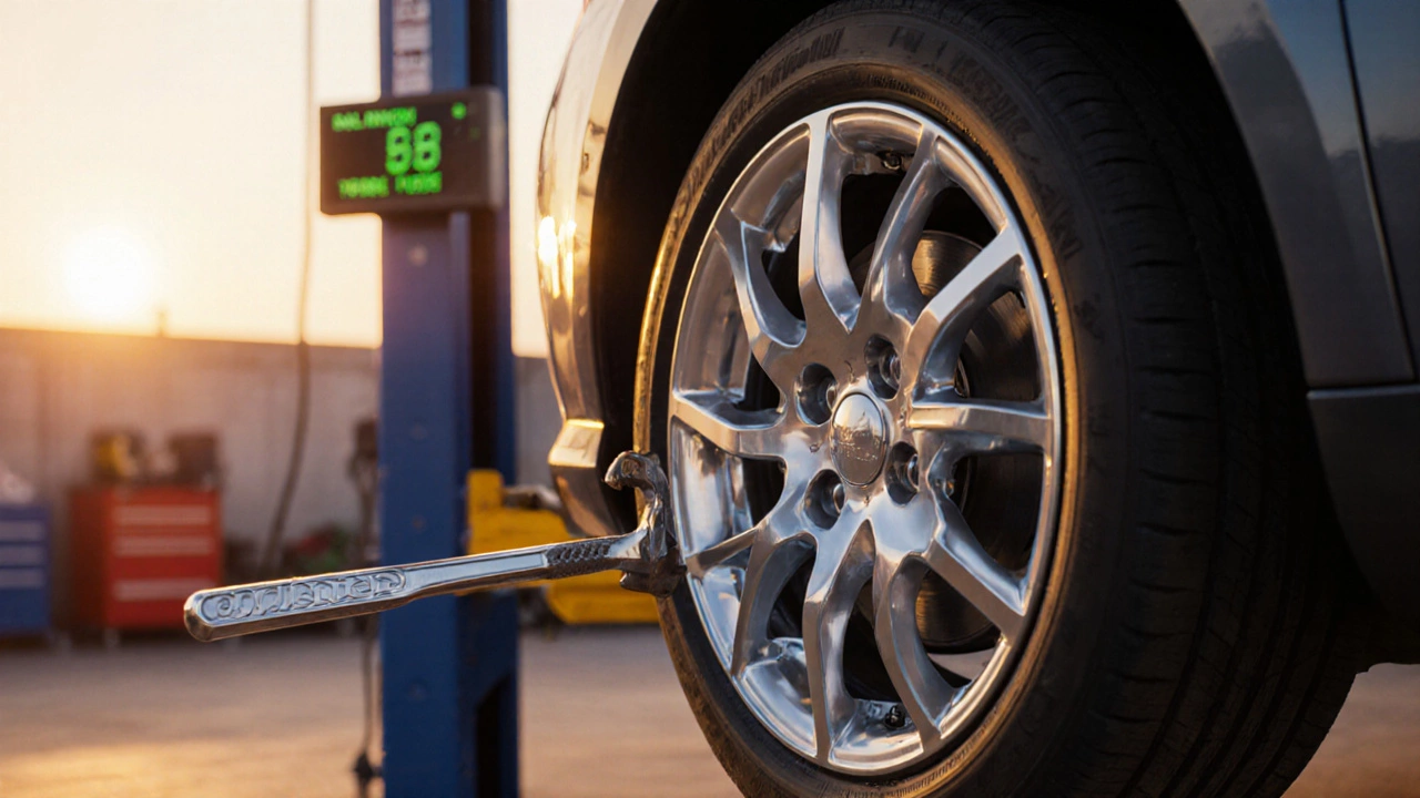 Polished wheel mounted on car with torque wrench and balancer indicating success.