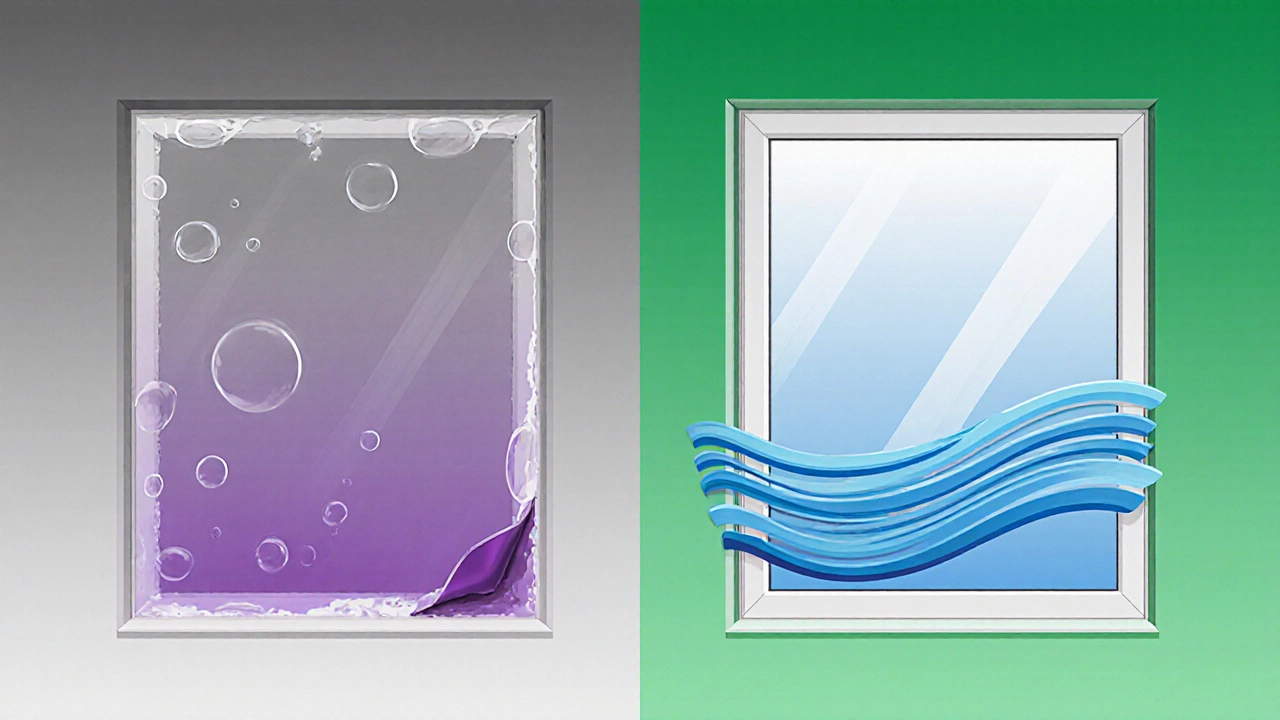 Split image: faded purple tint vs. clean ceramic tint blocking heat rays, symbolizing durability and performance.