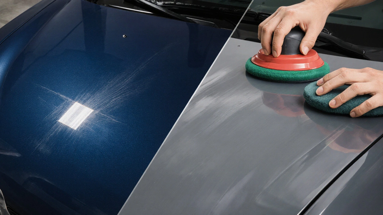 Split view of a car hood—left after WD‑40, right after polishing and touch‑up paint.