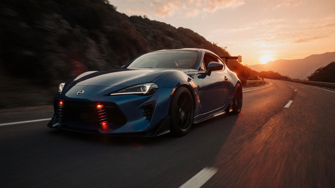 Sports car with lowered stance racing along a sunset mountain road.