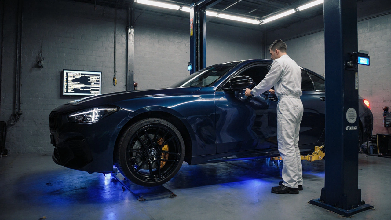 Technician performing a professional wheel alignment on a lowered car in a garage.