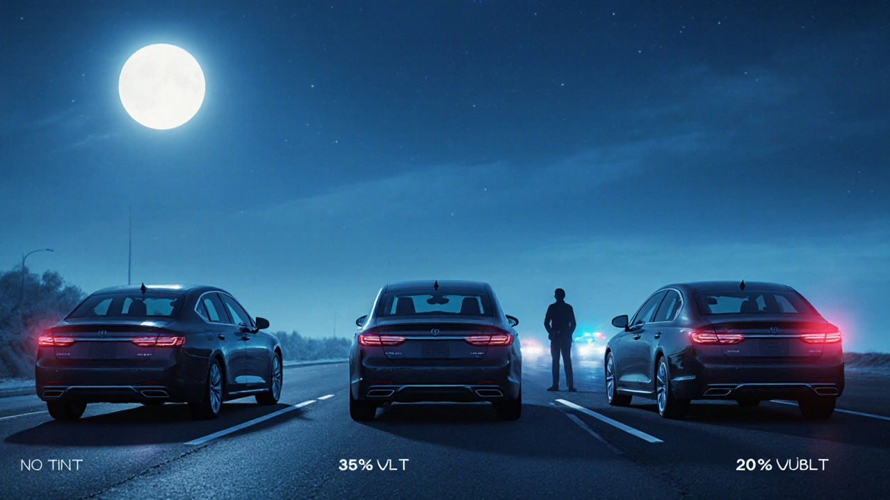 Three cars with different tint levels side by side showing reduced pedestrian visibility.