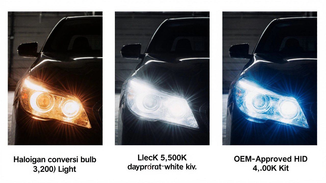 Three panels comparing halogen, LED, and HID headlamp lights.