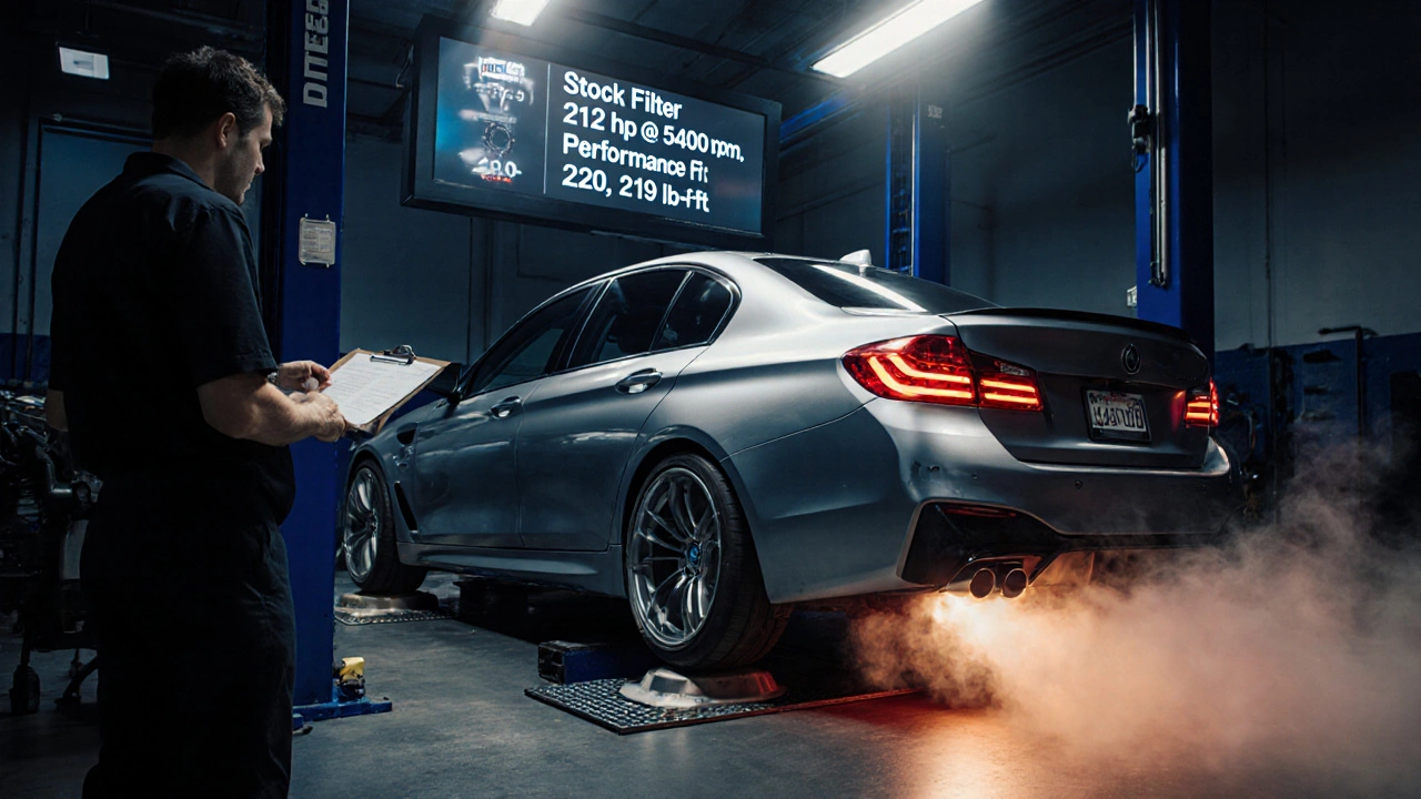 Turbocharged sedan on a dyno with digital readouts showing horsepower increase from stock to performance filter.