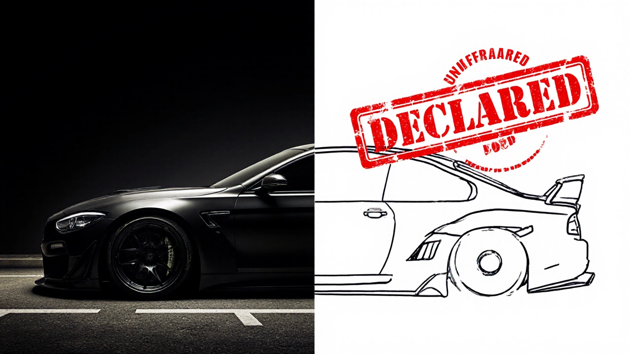 A split-image car: one half legal and approved, the other half unapproved with aftermarket body kit modifications.