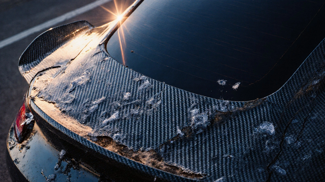 Carbon fiber spoiler showing UV and thermal damage with intact fibers and failing resin