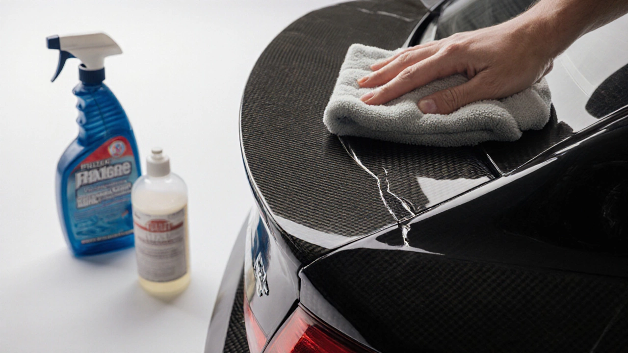 Close-up of a hairline crack on carbon fiber spoiler during gentle cleaning.