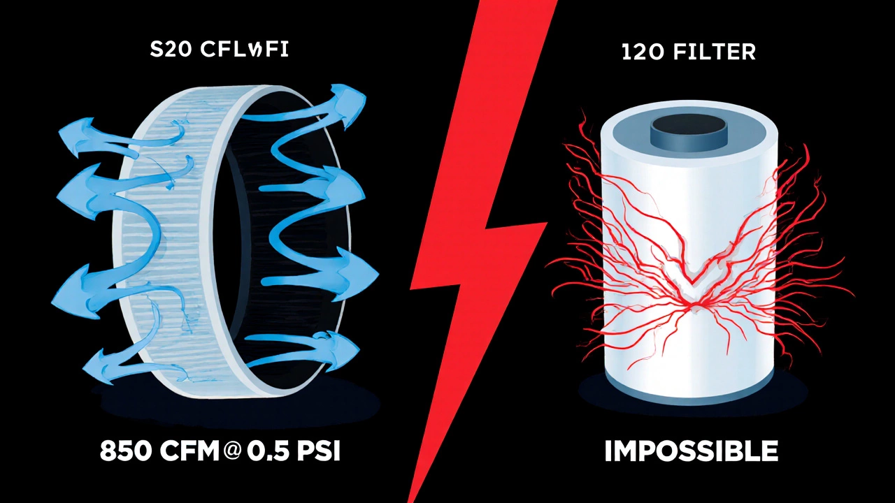 Contrasting diagrams showing correct CFM pressure drop versus impossible 120 PSI claim.