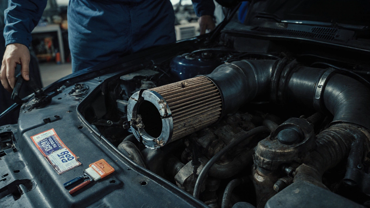 Damaged air filter and intake system in a Subaru engine bay after incorrect installation.