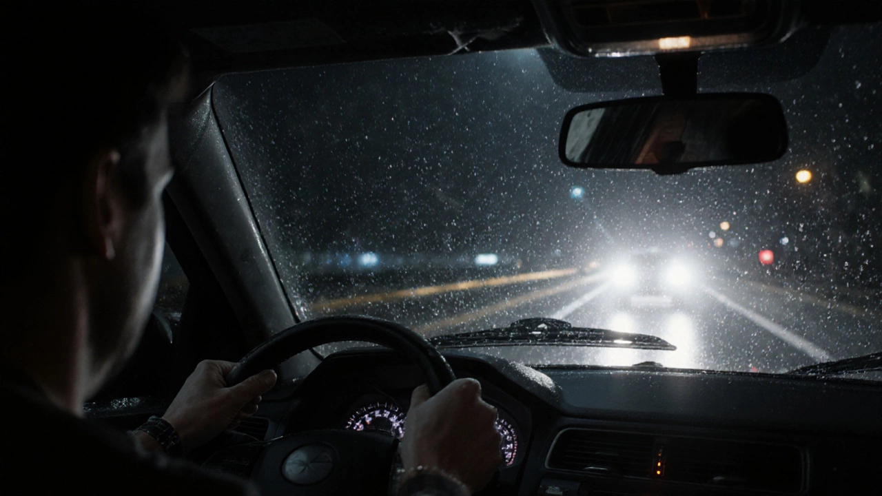 Driver&#039;s hands on wheel at night, seeing harsh LED glare through rain-streaked windshield.