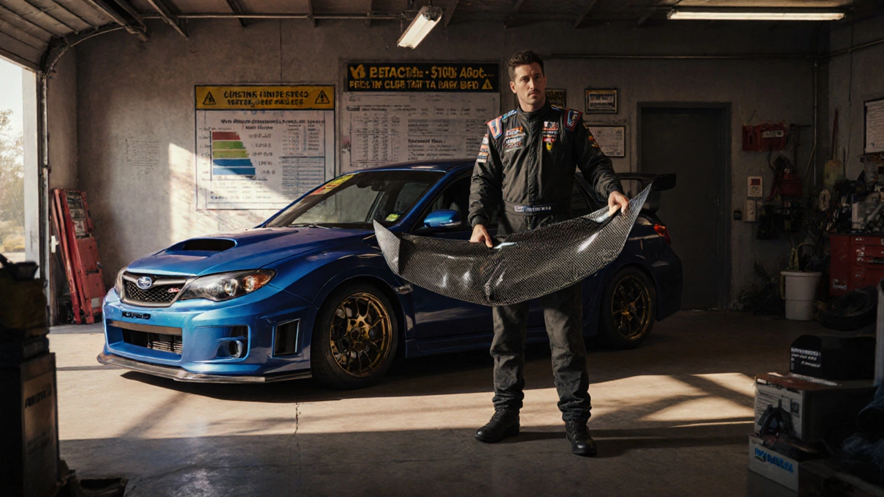 Driver holding expensive carbon spoiler next to properly installed plastic one in garage.