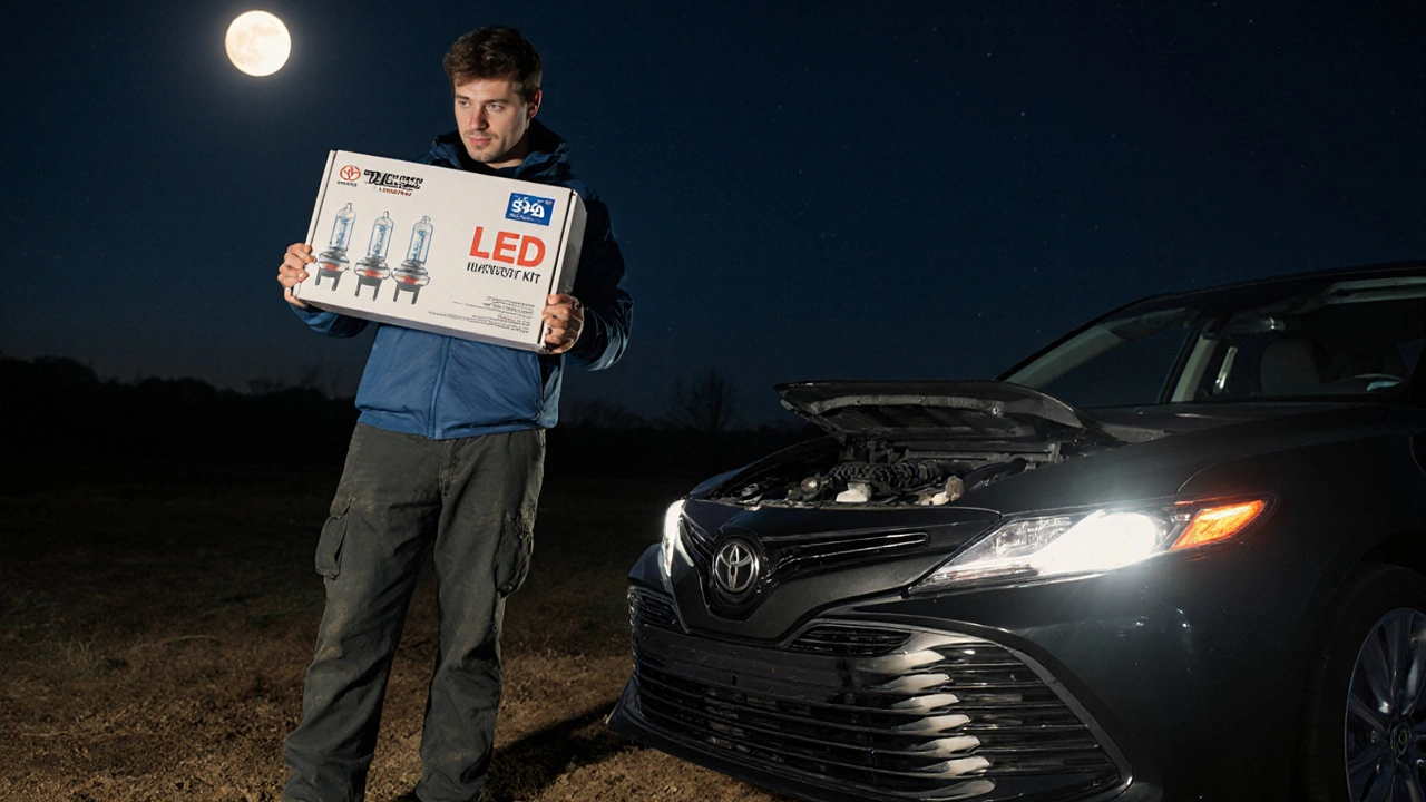 Driver replacing halogen headlights with a certified LED assembly, showing proper upgrade path.