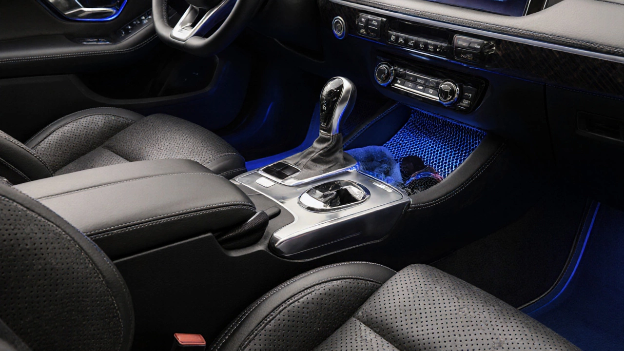 Luxury-focused car cabin with perforated leather seats, suede dash mat, and ceramic air diffuser in soft lighting.