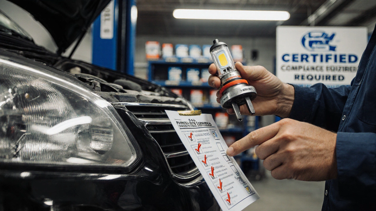 Mechanic inspecting a vehicle’s headlight with non-certified LED bulbs and a &#039;FAIL&#039; inspection tag.