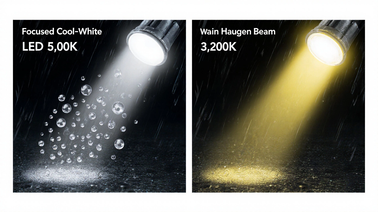 Side-by-side comparison of cool-white LED and warm halogen light behavior in rain.