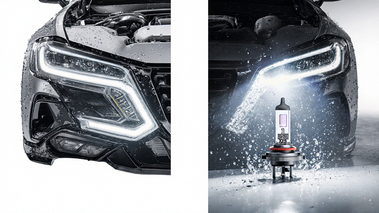 Side-by-side comparison of proper adaptive LED headlight beam versus scattered aftermarket LED glare.