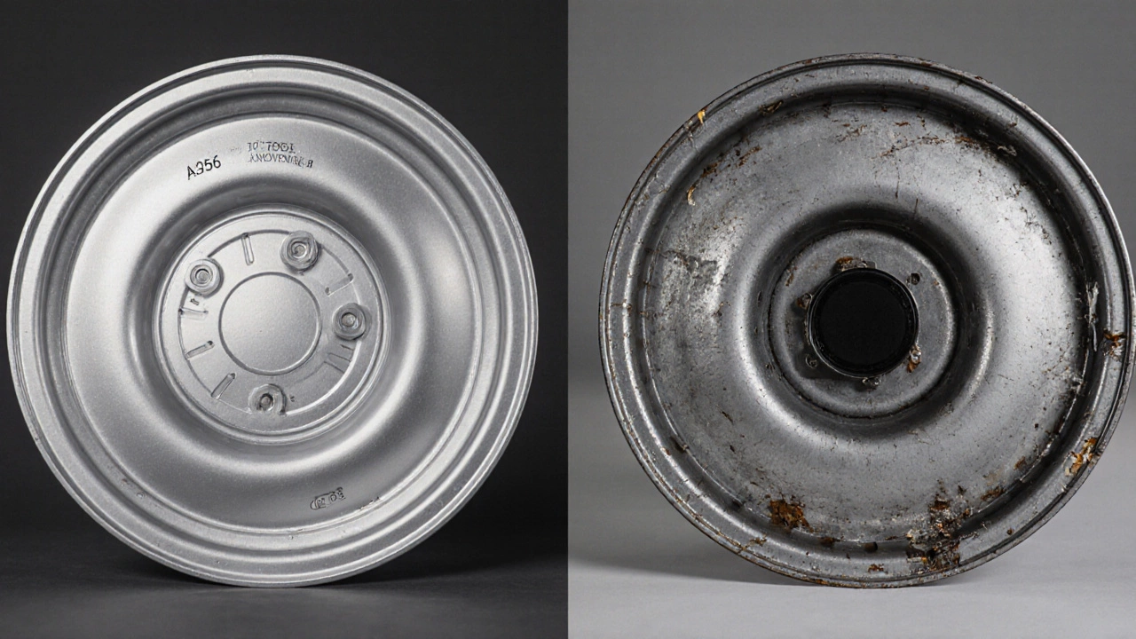 Side-by-side of alloy and steel wheels highlighting casting marks, machining lines, and surface finishes.