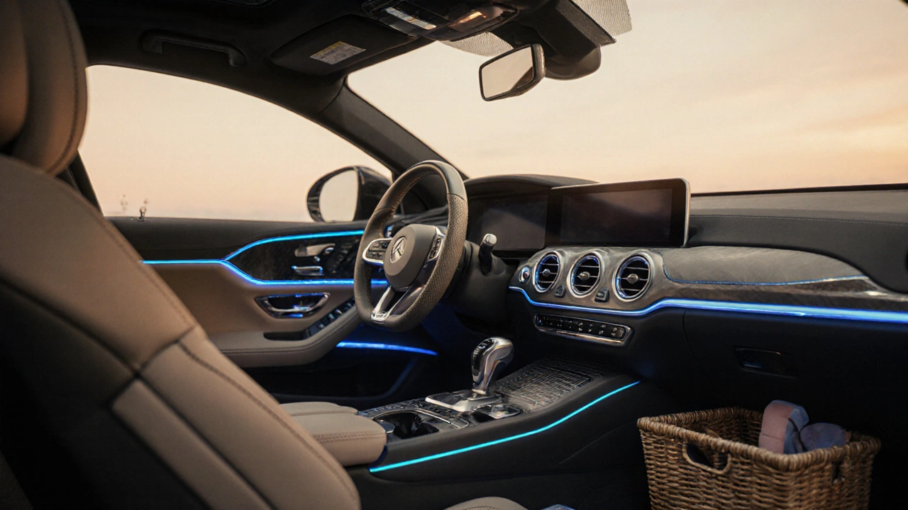 Sophisticated car cockpit with Alcantara steering wheel and subtle LED glow in warm tones.